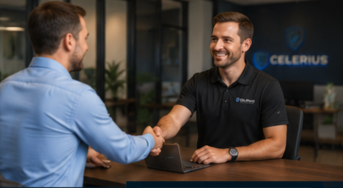 Celerius staff member shaking hands with a new customer after reaching an agreement