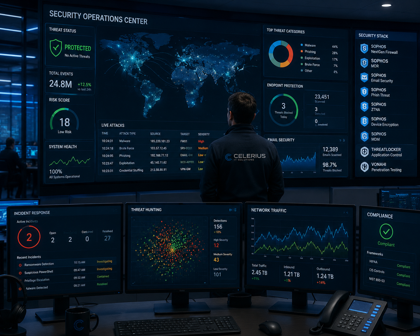 Cybersecurity operations center with multiple monitoring screens and an analyst watching security infrastructure.
