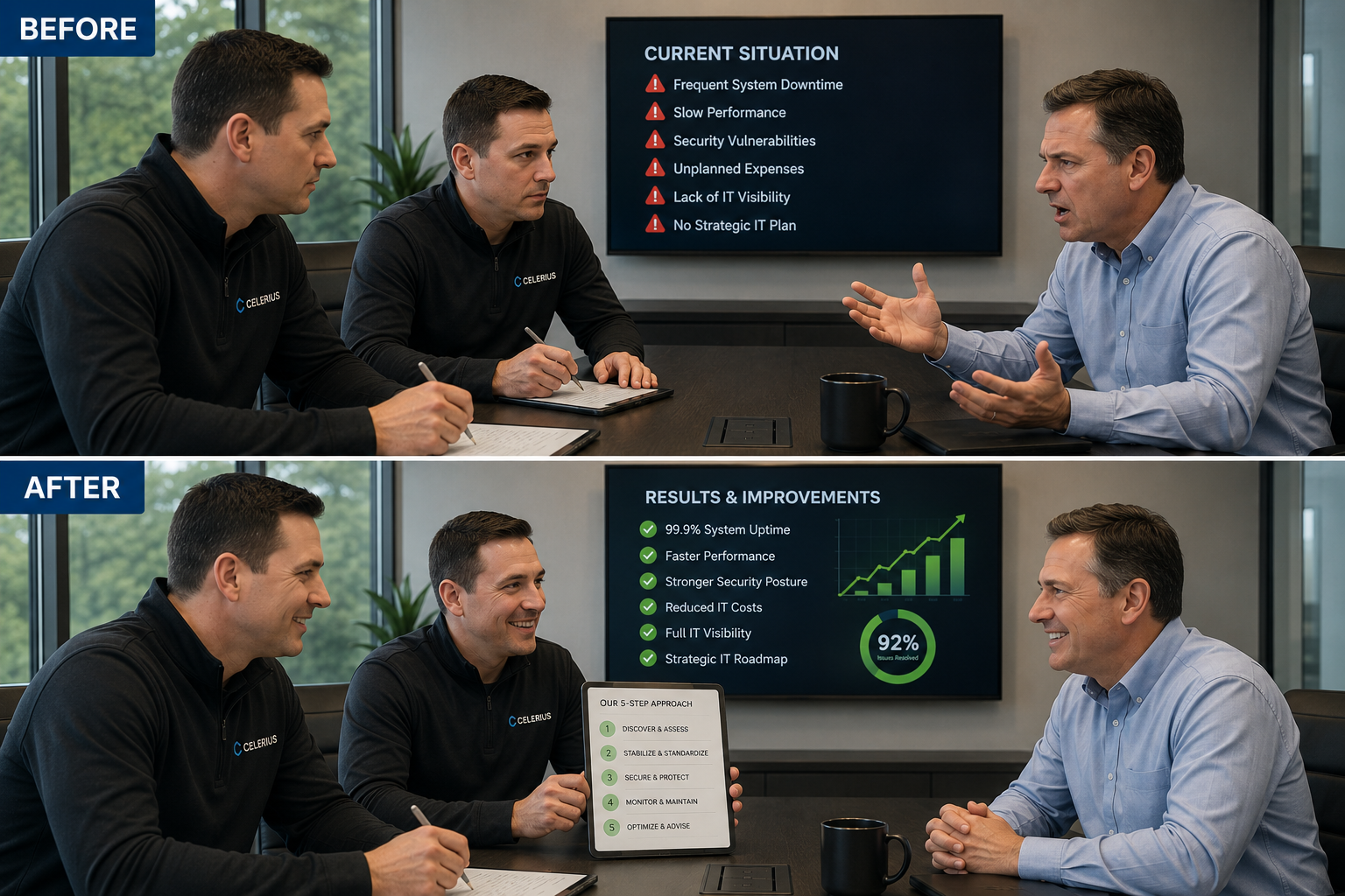 Before and after Celerius operating model meeting showing a frustrated customer before and a satisfied customer after results are presented.