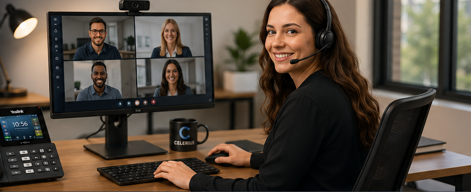 Business user on a VoIP conference call with headset, computer, and Yealink desk phone