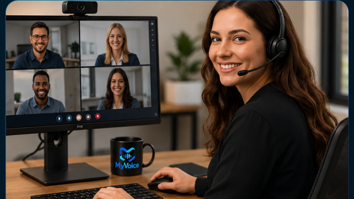 Business user on a My Voice video call with headset and My Voice branded mug