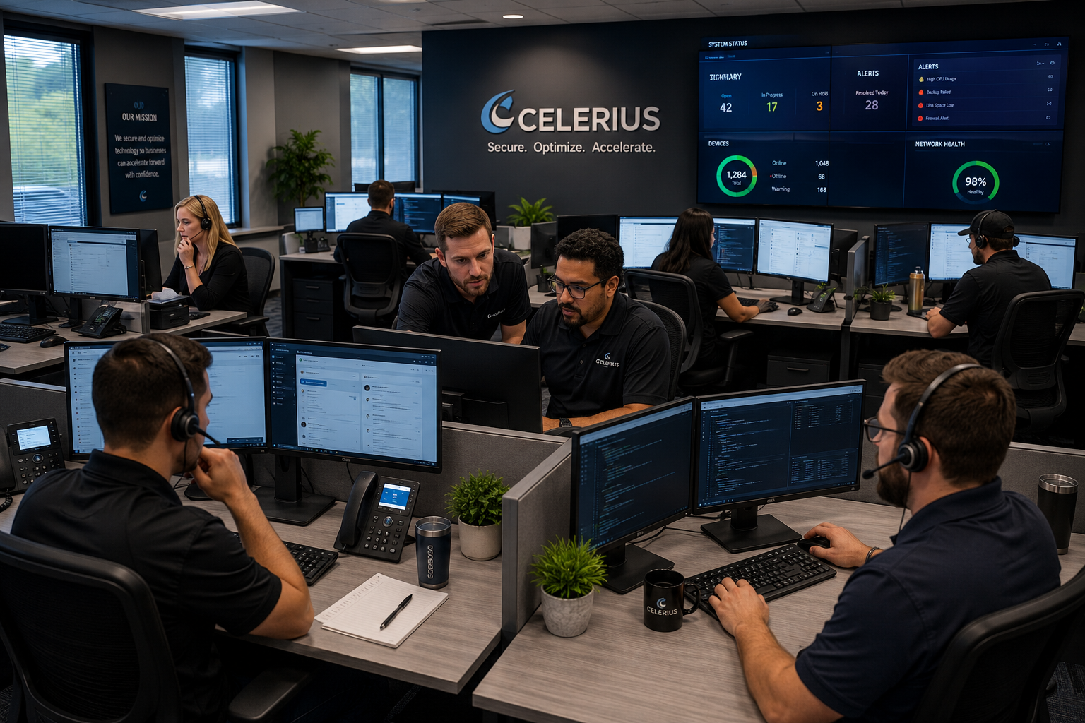 Celerius technical support team working in a modern IT operations area.
